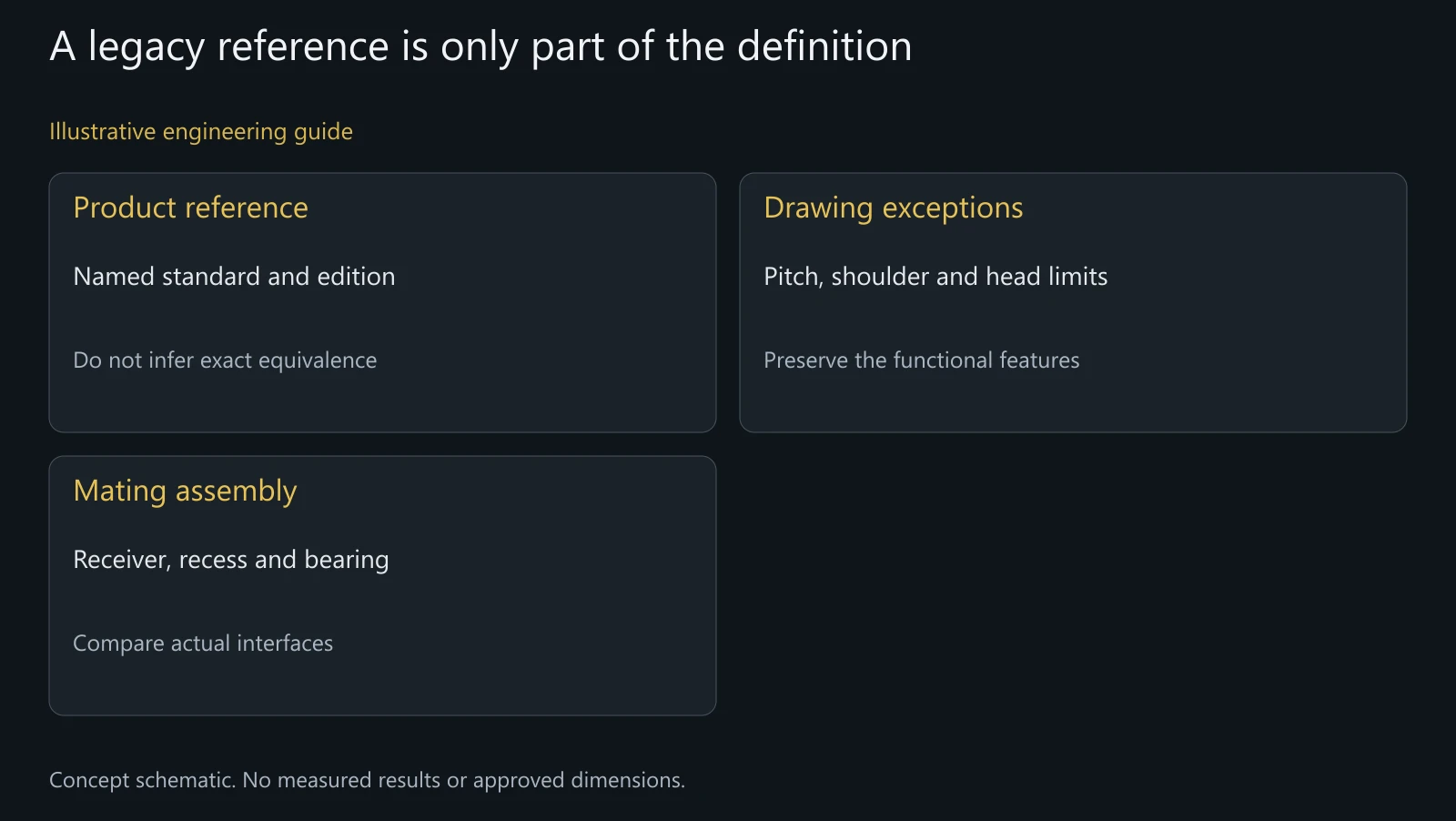 Concept legacy drawing fields, not a DIN or ISO dimensional table or a verified interchangeable component.