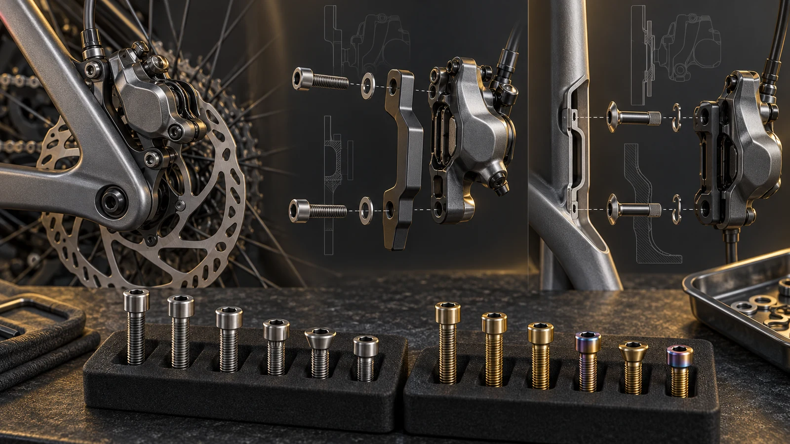 Concept illustration of disc caliper mounts, adapter and frame sections with unlabelled bolt candidates, not an approved titanium brake substitution