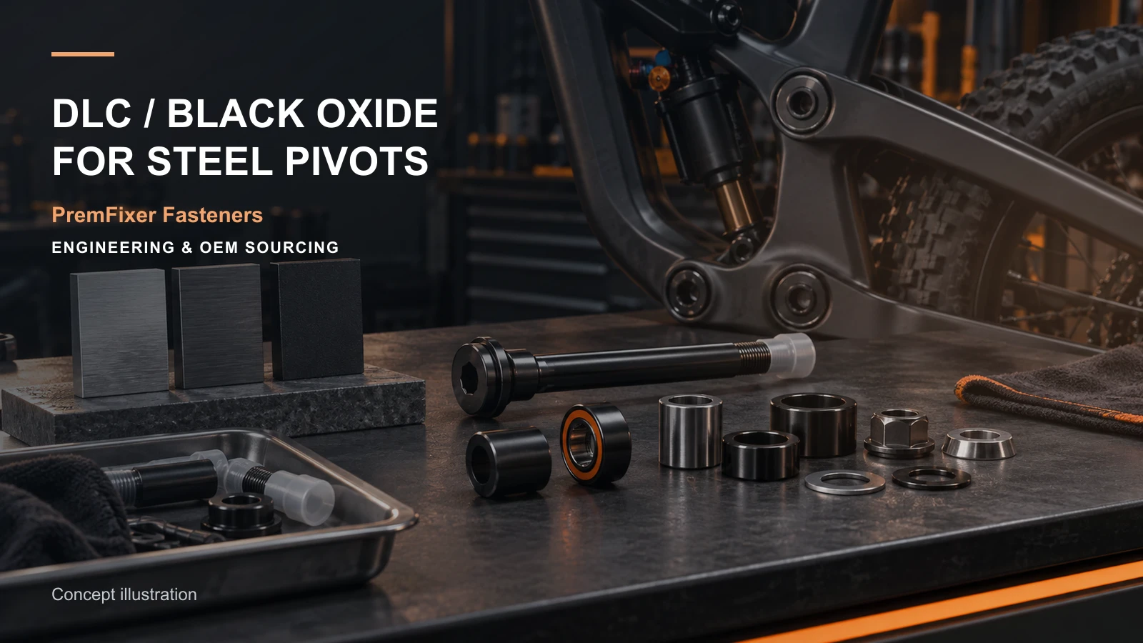 Editorial concept for DLC black oxide and other dark finishes with cards for finish selection table, treatment-specific dimensional plan, material selection record.