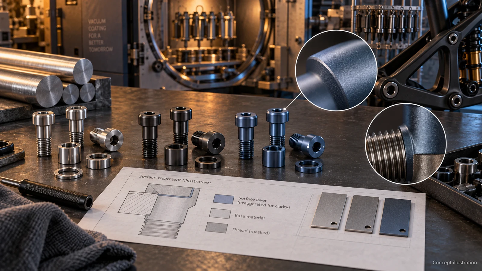 Concept scene of silver, charcoal and blue-gray pivot hardware with illustrative coating boundaries; not identified coating products, actual factory equipment or qualified 7075 processes