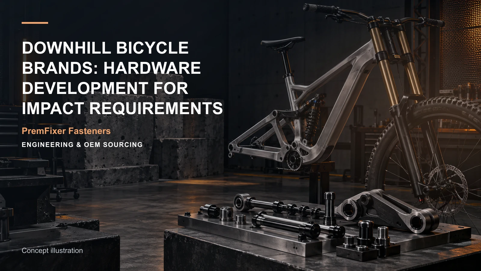Conceptual engineering workspace introducing downhill frame hardware for bicycle and electric-mobility OEM teams.