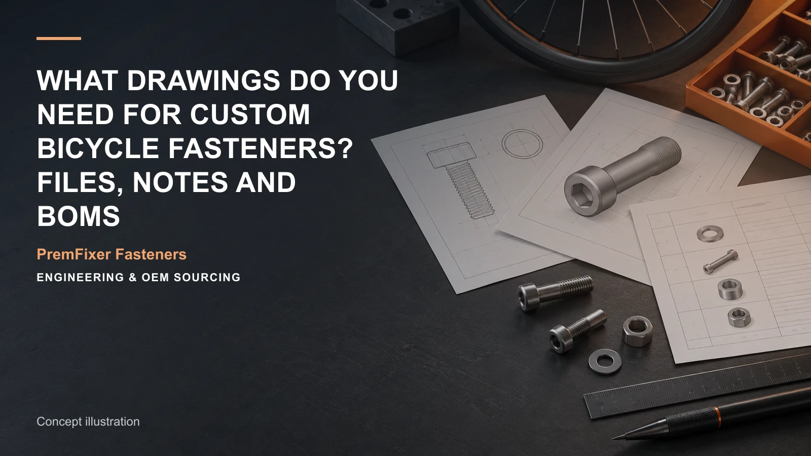 Concept illustration for What Drawings Do You Need for Custom Bicycle Fasteners? Files, Notes and BOMs.
