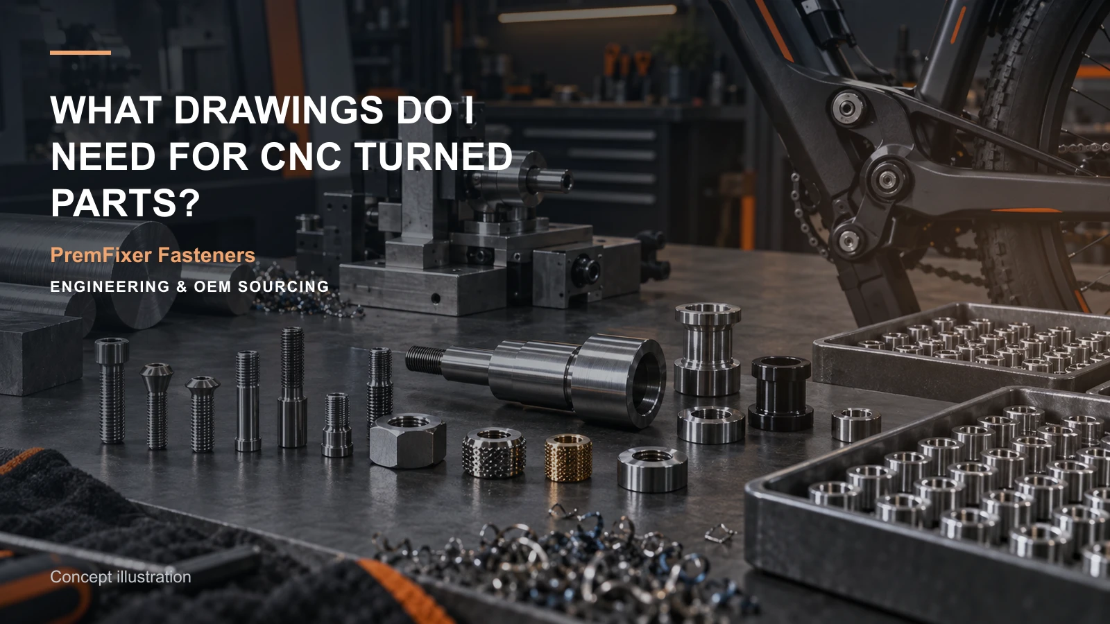 Editorial concept for drawing requirements for CNC turned parts with cards for drawing-and-model input map, feature-to-inspection map, shaft feature map.