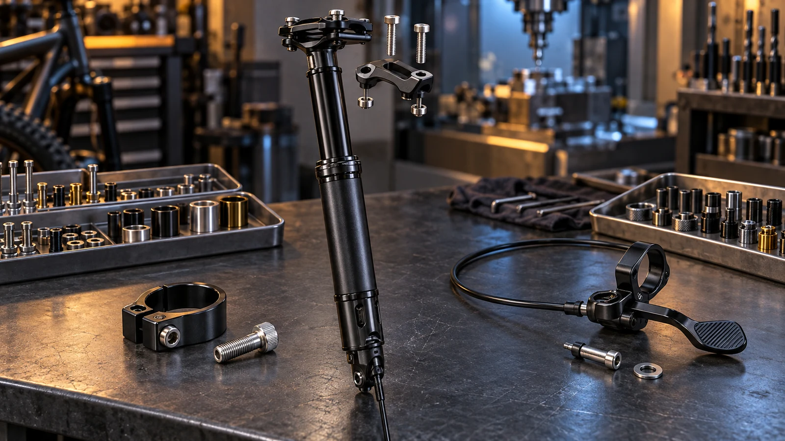 Concept display of dropper seatpost, saddle clamp, frame collar, remote and separate hardware, not a service-approved replacement kit