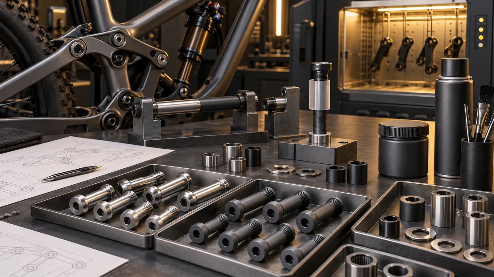 Concept illustration of silver and gray-black pivot hardware, separate mating sleeves and generic application containers; no identified commercial product, measured friction or qualified coating line is shown.
