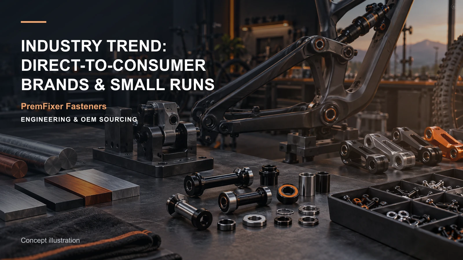 Editorial concept for DTC brands and flexible production with cards for trend-to-procurement map, startup supply roadmap, small-batch order matrix.