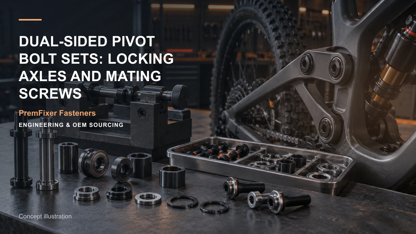 Concept illustration for Dual-Sided Pivot Bolt Sets: Locking Axles and Mating Screws.
