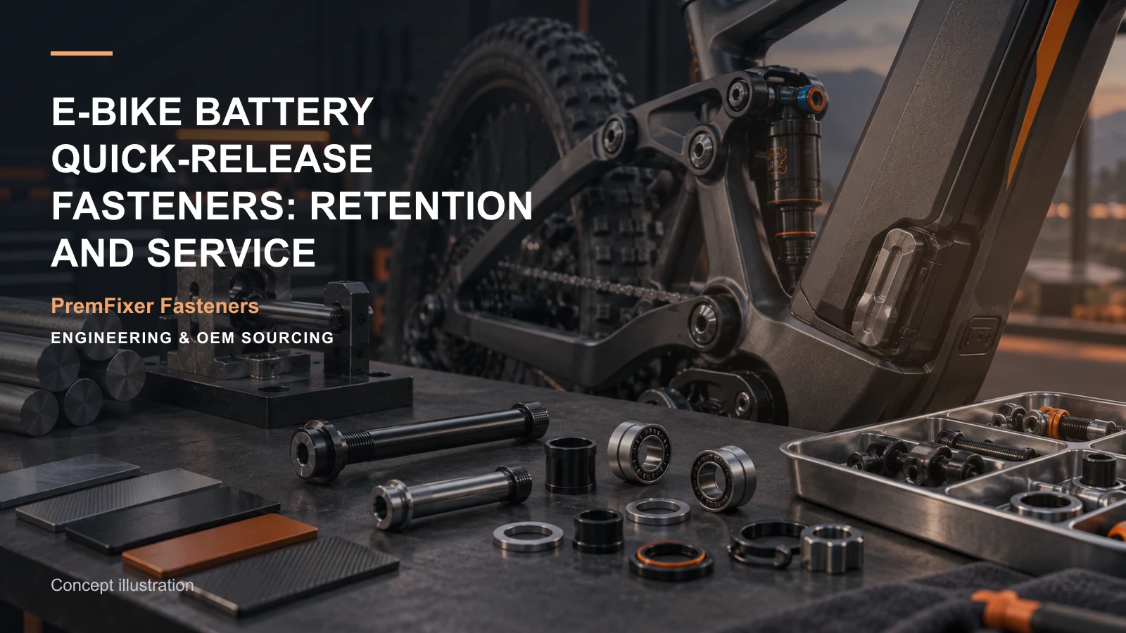 Concept illustration for E-Bike Battery Quick-Release Fasteners: Retention and Service.