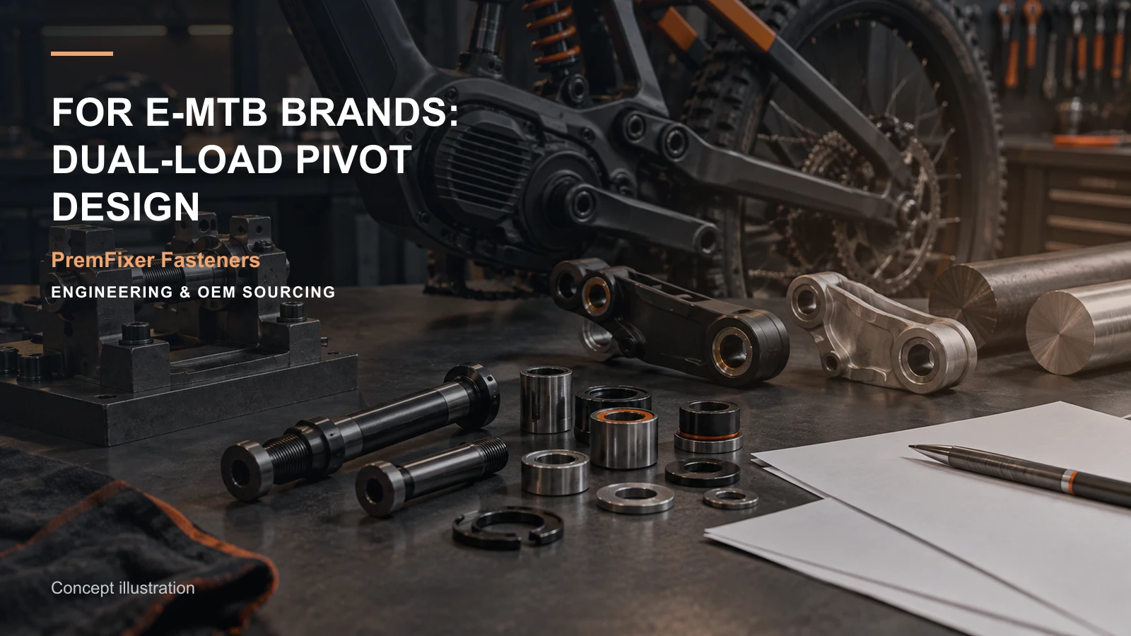 Editorial concept for e-MTB motor and suspension load review with cards for e-mtb interface load map, clamp-and-adjustment distinction, material selection record.