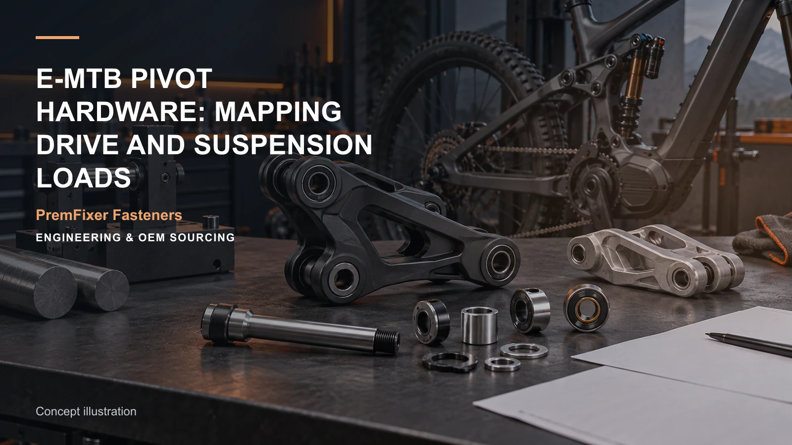 Concept illustration for e-MTB Pivot Hardware: Mapping Drive and Suspension Loads.