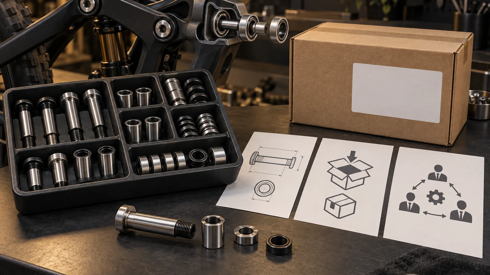 Concept pivot hardware in a divided protective tray beside a neutral shipping box and separate unlettered product, packaging and party-review documents, without EAC marks or an actual clearance result.