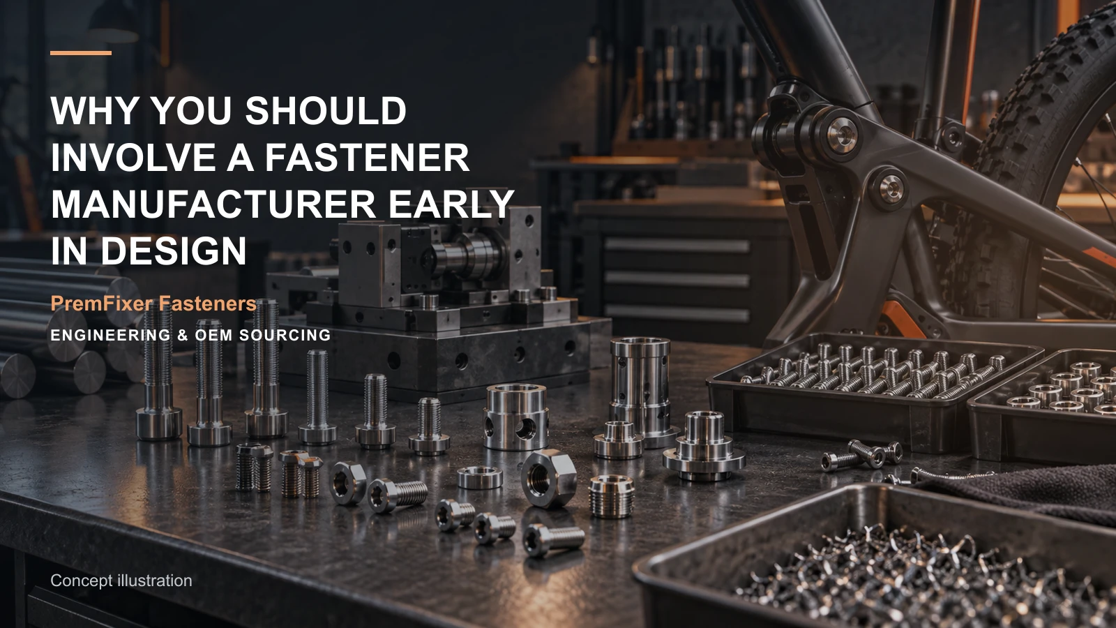 Editorial concept for early manufacturer involvement in design with cards for dfm change table, drawing-and-model input map, workholding concept and setup record.