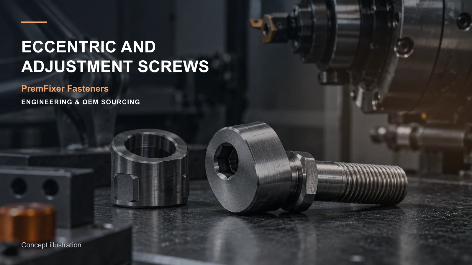 CNC-machined eccentric bicycle frame adjustment screw showing offset axes, drive feature and inspection fixture.