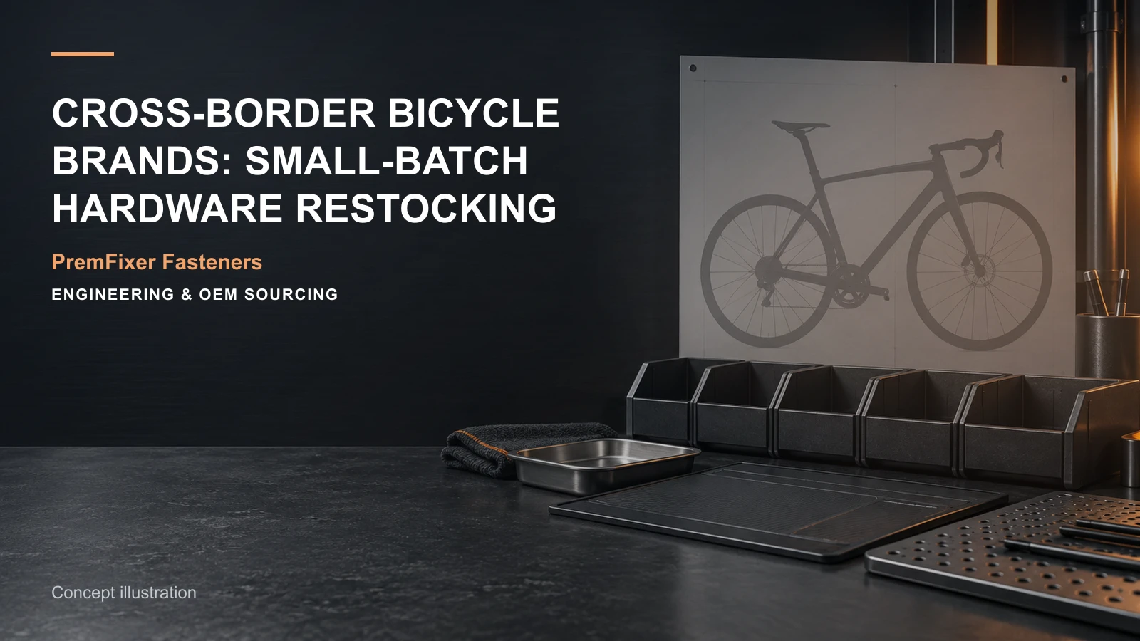 Conceptual engineering workspace introducing cross-border brand replenishment hardware for bicycle and electric-mobility OEM teams.