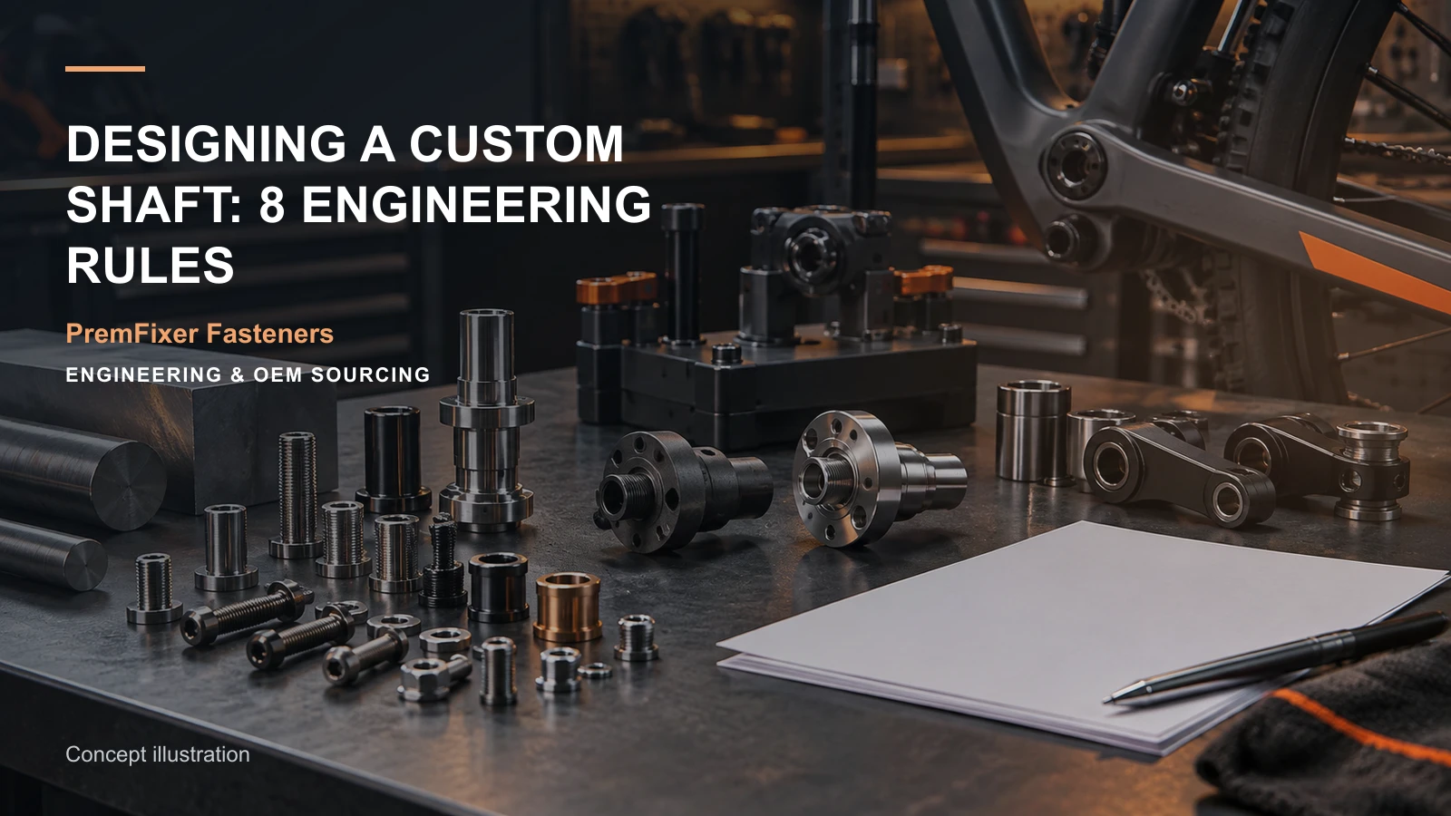 Editorial concept for eight rules for a custom shaft drawing with cards for shaft feature map, feature-to-inspection map, workholding concept and setup record.