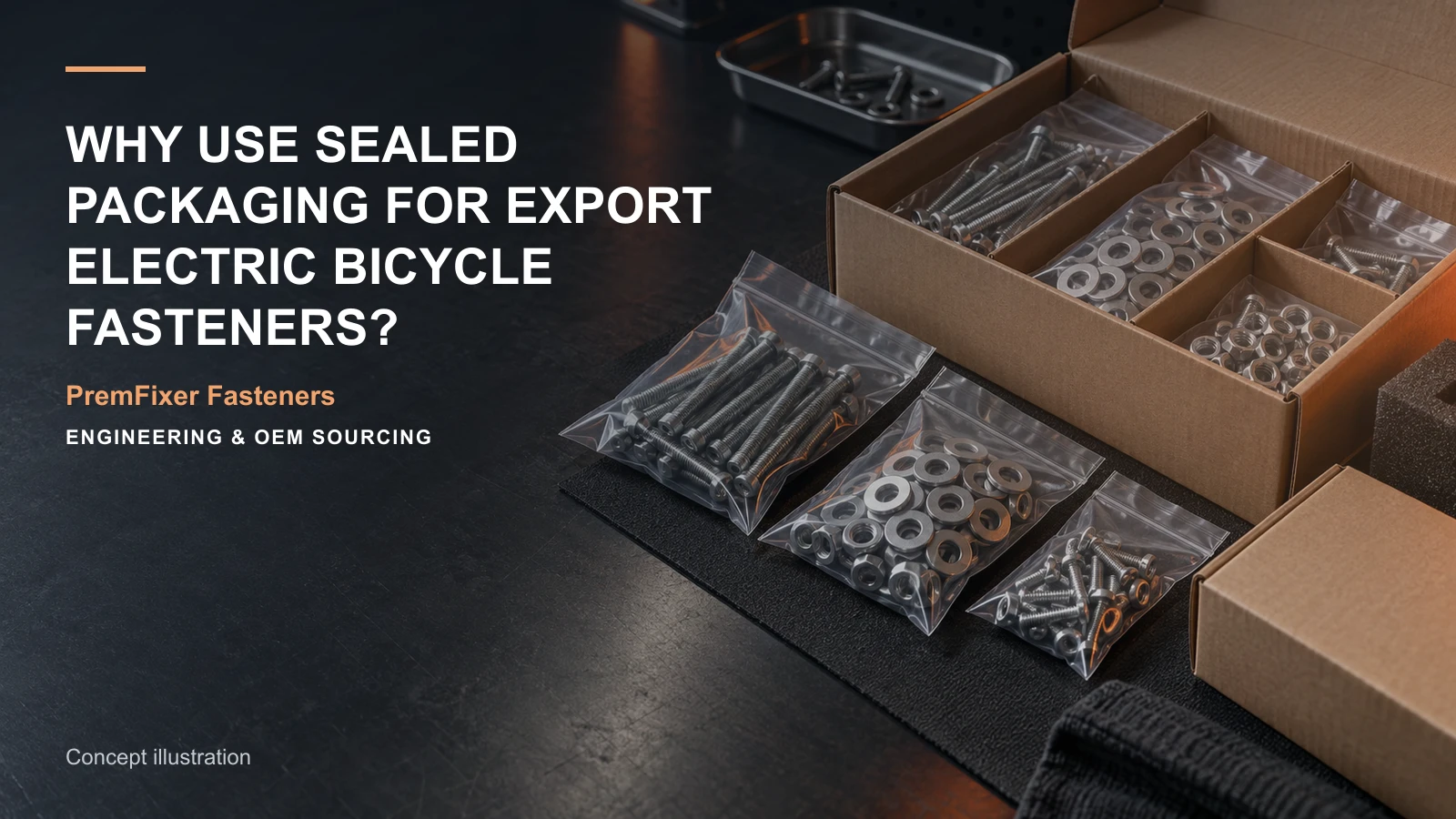 Concept illustration for Why Use Sealed Packaging for Export Electric Bicycle Fasteners?.