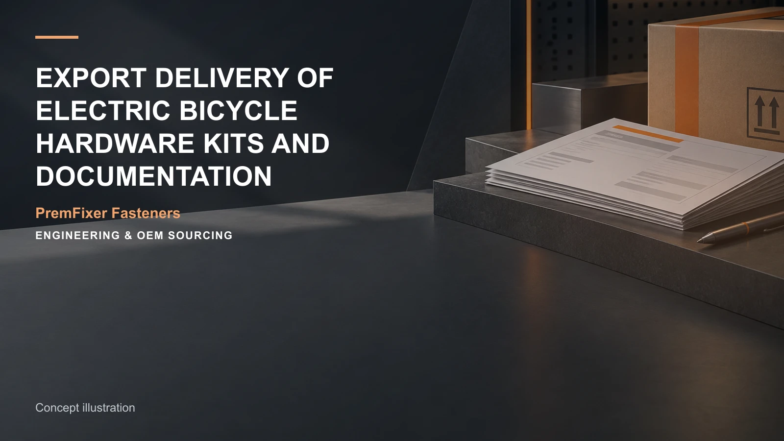 Concept illustration for Export Delivery of Electric Bicycle Hardware Kits and Documentation.