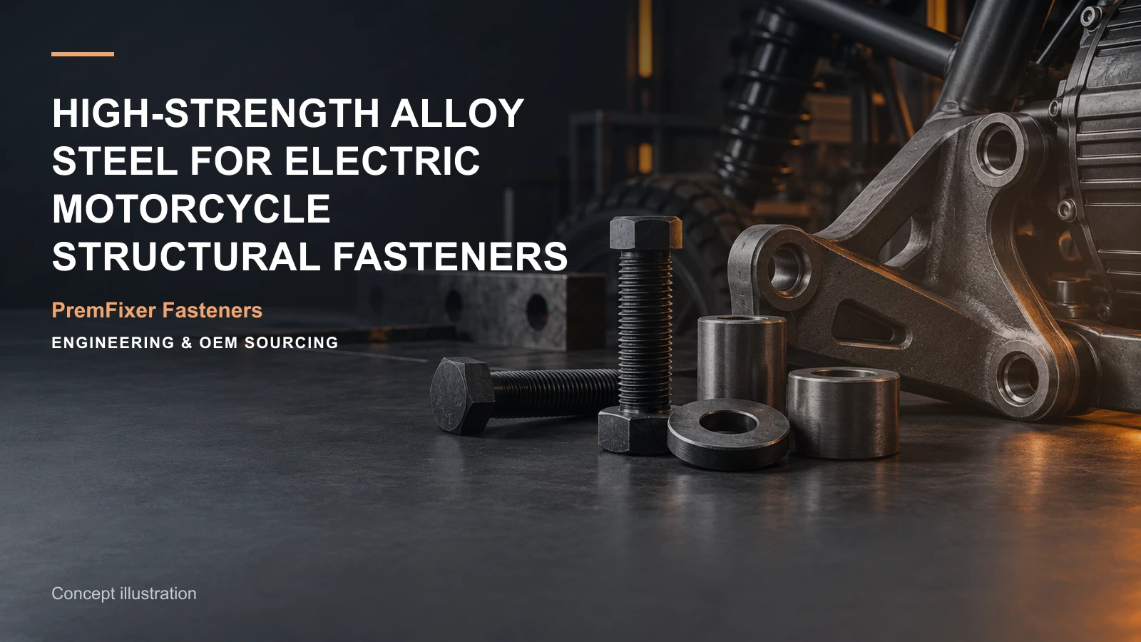 Concept illustration for High-Strength Alloy Steel for Electric Motorcycle Structural Fasteners.
