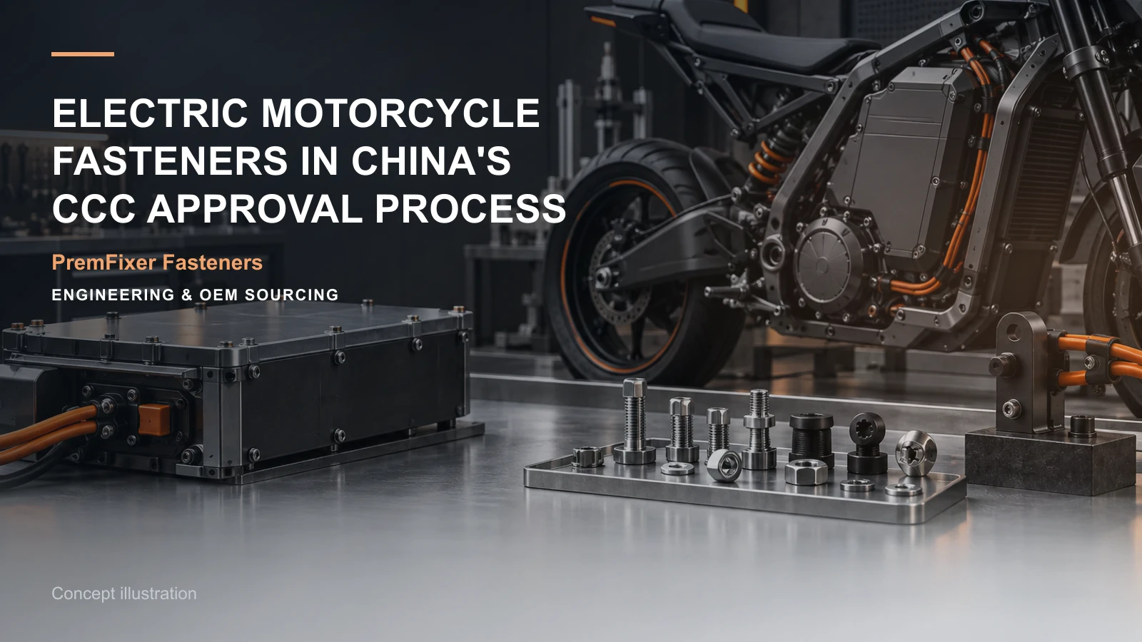 Concept illustration for Electric Motorcycle Fasteners in China's CCC Approval Process.