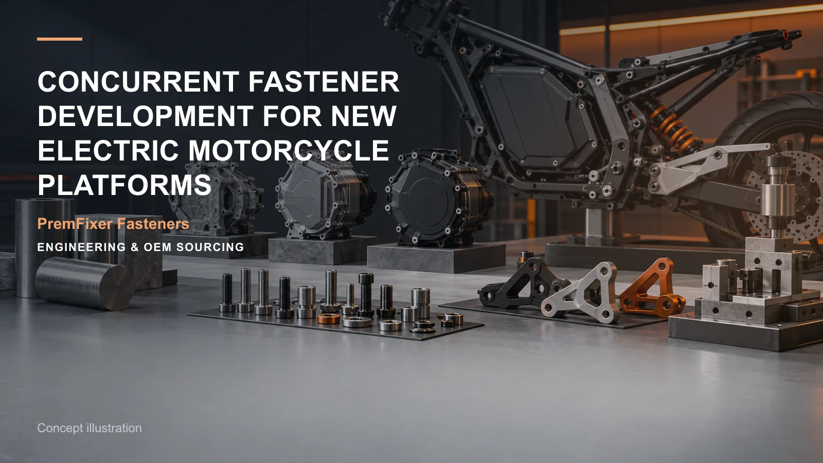 Concept illustration for Concurrent Fastener Development for New Electric Motorcycle Platforms.
