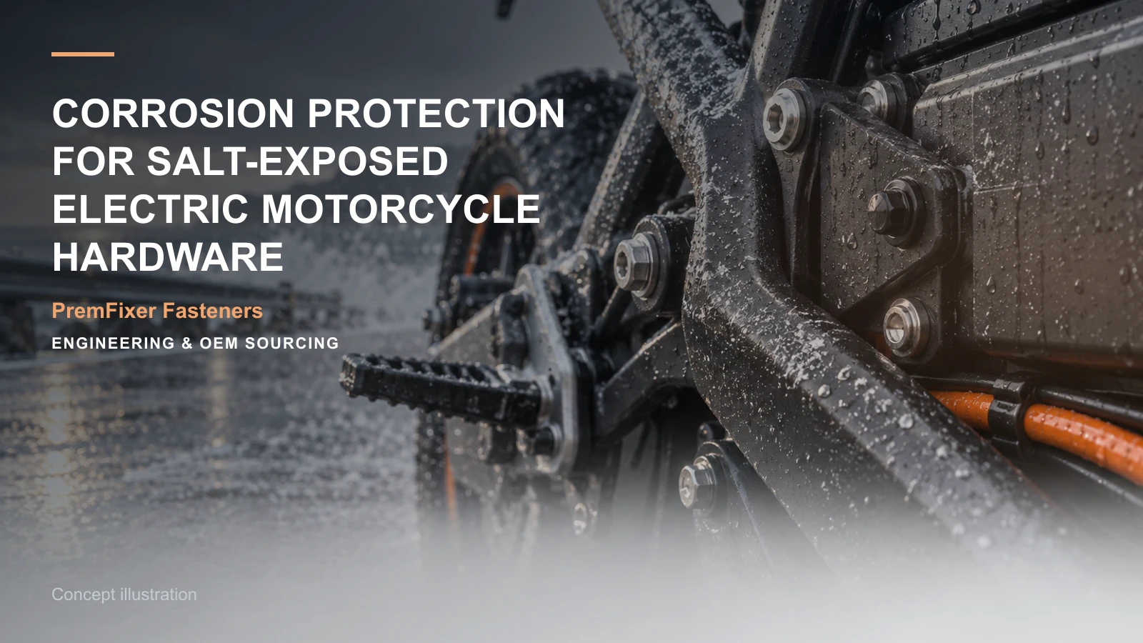 Concept illustration for Corrosion Protection for Salt-Exposed Electric Motorcycle Hardware.