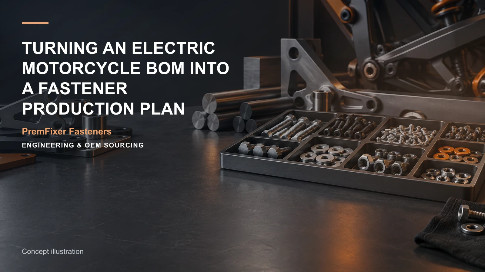 Concept illustration for Turning an Electric Motorcycle BOM into a Fastener Production Plan.