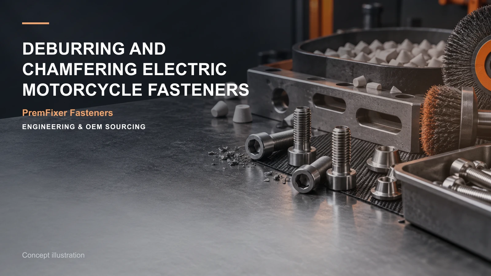 Concept illustration for Deburring and Chamfering Electric Motorcycle Fasteners.