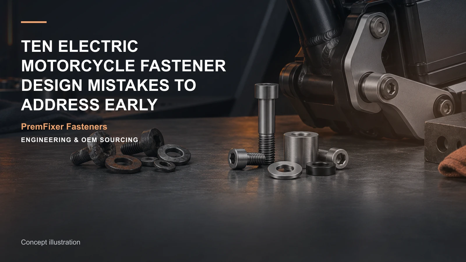 Concept illustration for Ten Electric Motorcycle Fastener Design Mistakes to Address Early.