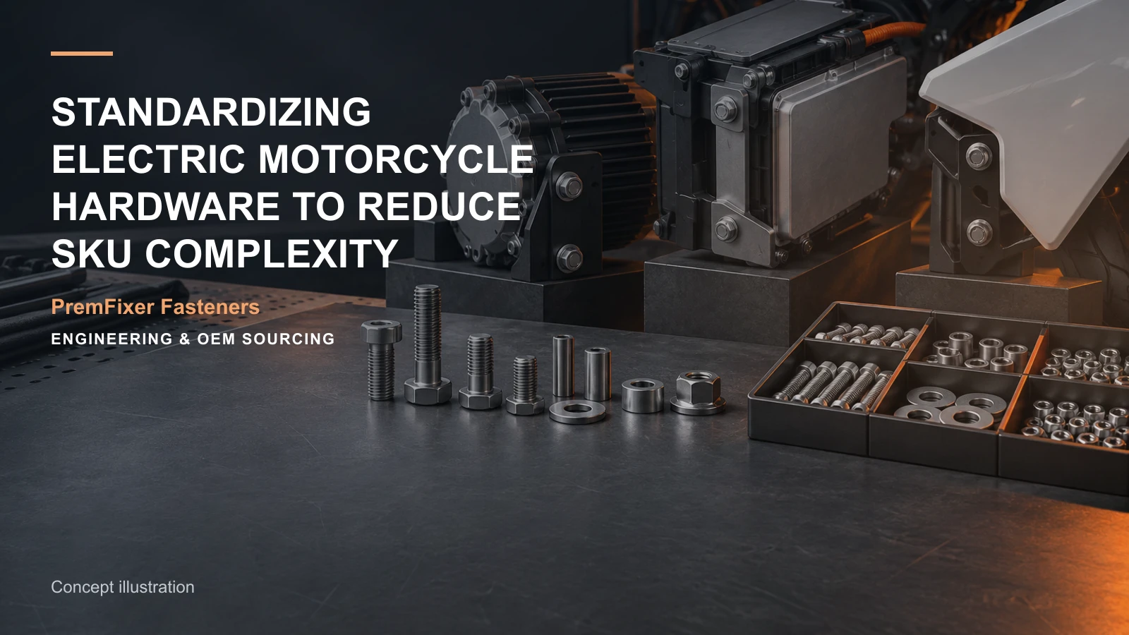 Concept illustration for Standardizing Electric Motorcycle Hardware to Reduce SKU Complexity.