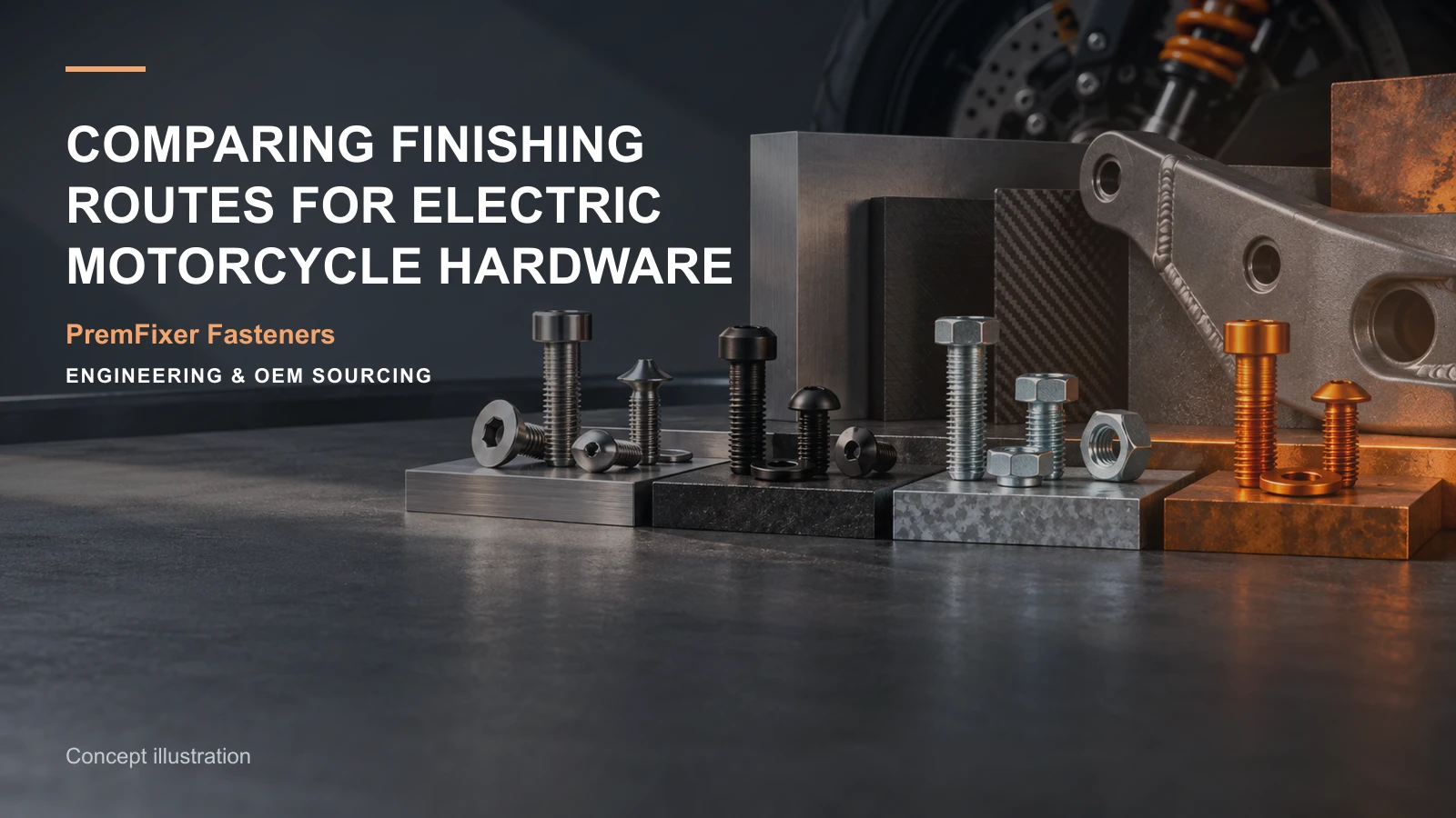 Concept illustration for Comparing Finishing Routes for Electric Motorcycle Hardware.