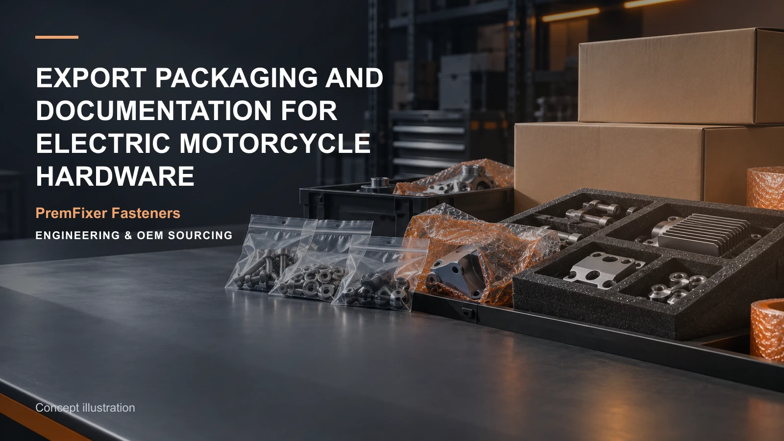Concept illustration for Export Packaging and Documentation for Electric Motorcycle Hardware.