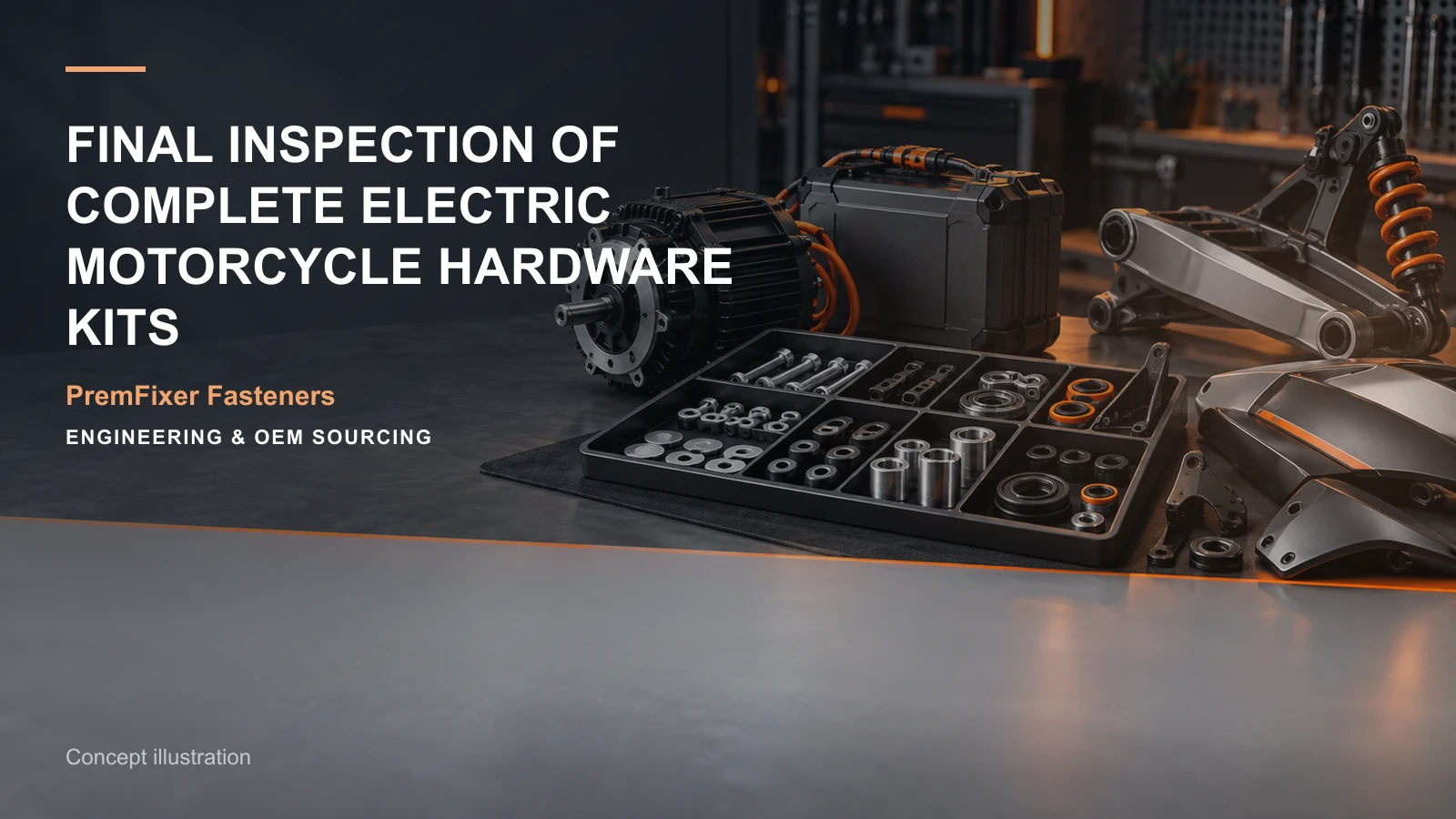 Concept illustration for Final Inspection of Complete Electric Motorcycle Hardware Kits.