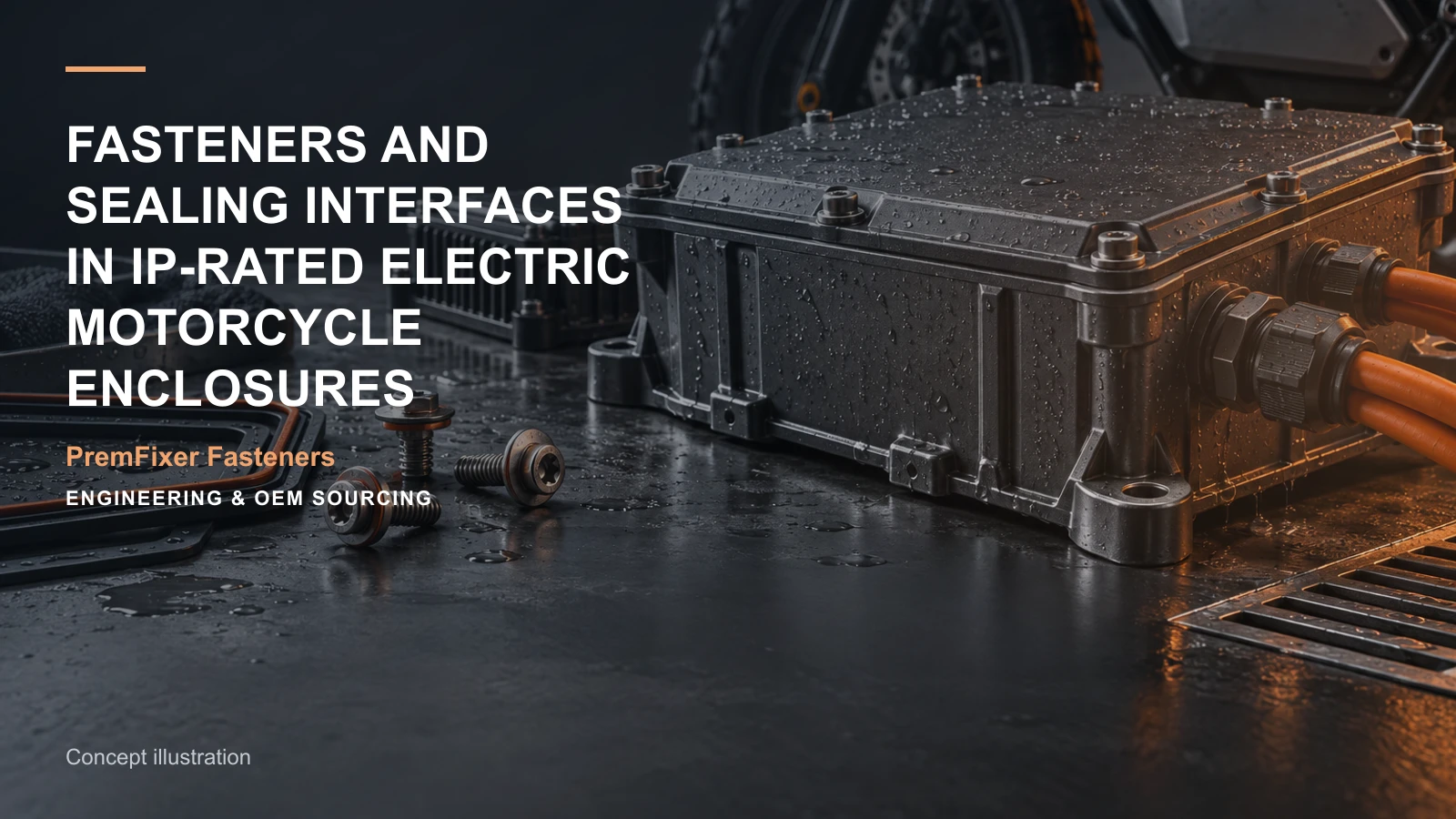 Concept illustration for Fasteners and Sealing Interfaces in IP-Rated Electric Motorcycle Enclosures.