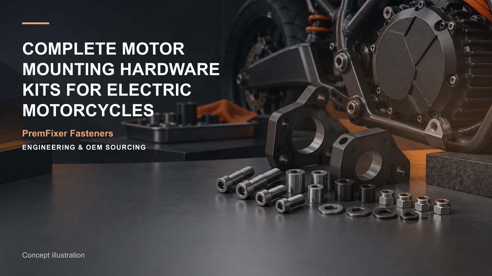 Concept illustration for Complete Motor Mounting Hardware Kits for Electric Motorcycles.