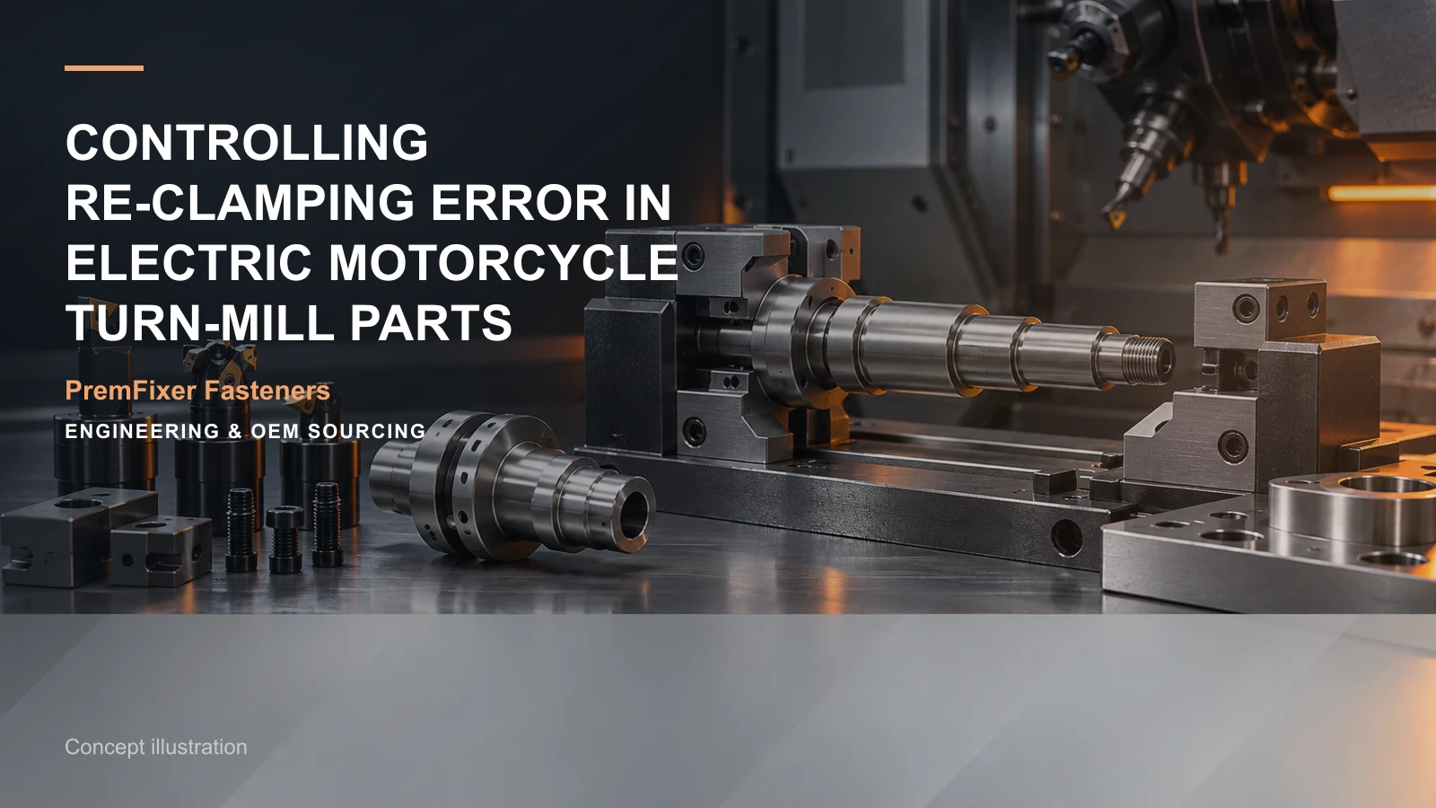 Concept illustration for Controlling Re-Clamping Error in Electric Motorcycle Turn-Mill Parts.