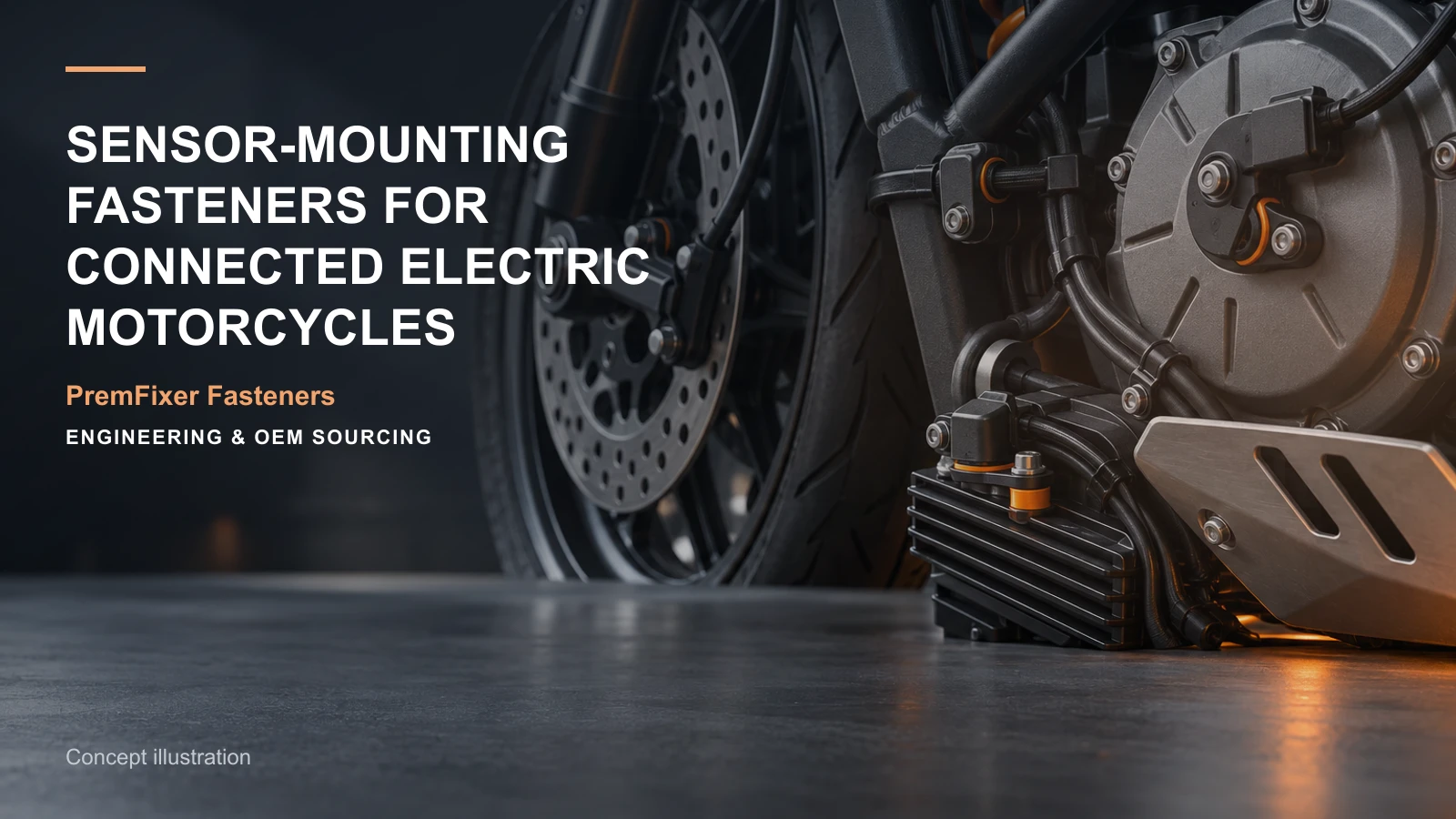 Concept illustration for Sensor-Mounting Fasteners for Connected Electric Motorcycles.
