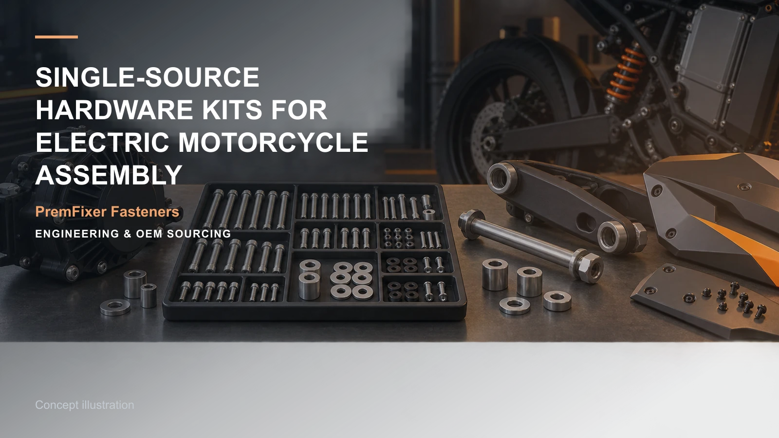 Concept illustration for Single-Source Hardware Kits for Electric Motorcycle Assembly.