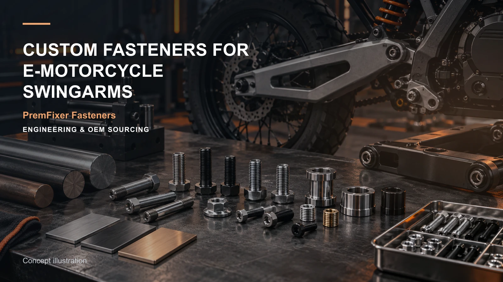 Editorial concept for electric-motorcycle swingarm hardware with cards for swingarm hardware scope, heavy-duty development brief, alloy substitution comparison.