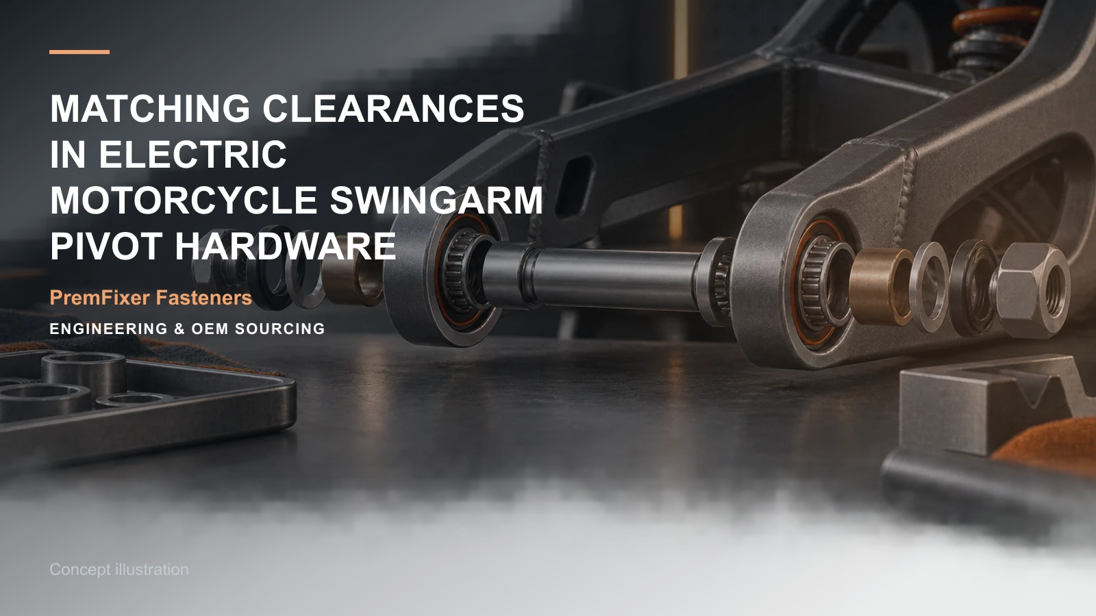 Concept illustration for Matching Clearances in Electric Motorcycle Swingarm Pivot Hardware.