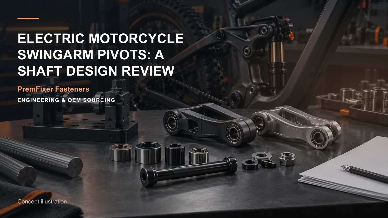 Concept illustration for Electric Motorcycle Swingarm Pivots: A Shaft Design Review.