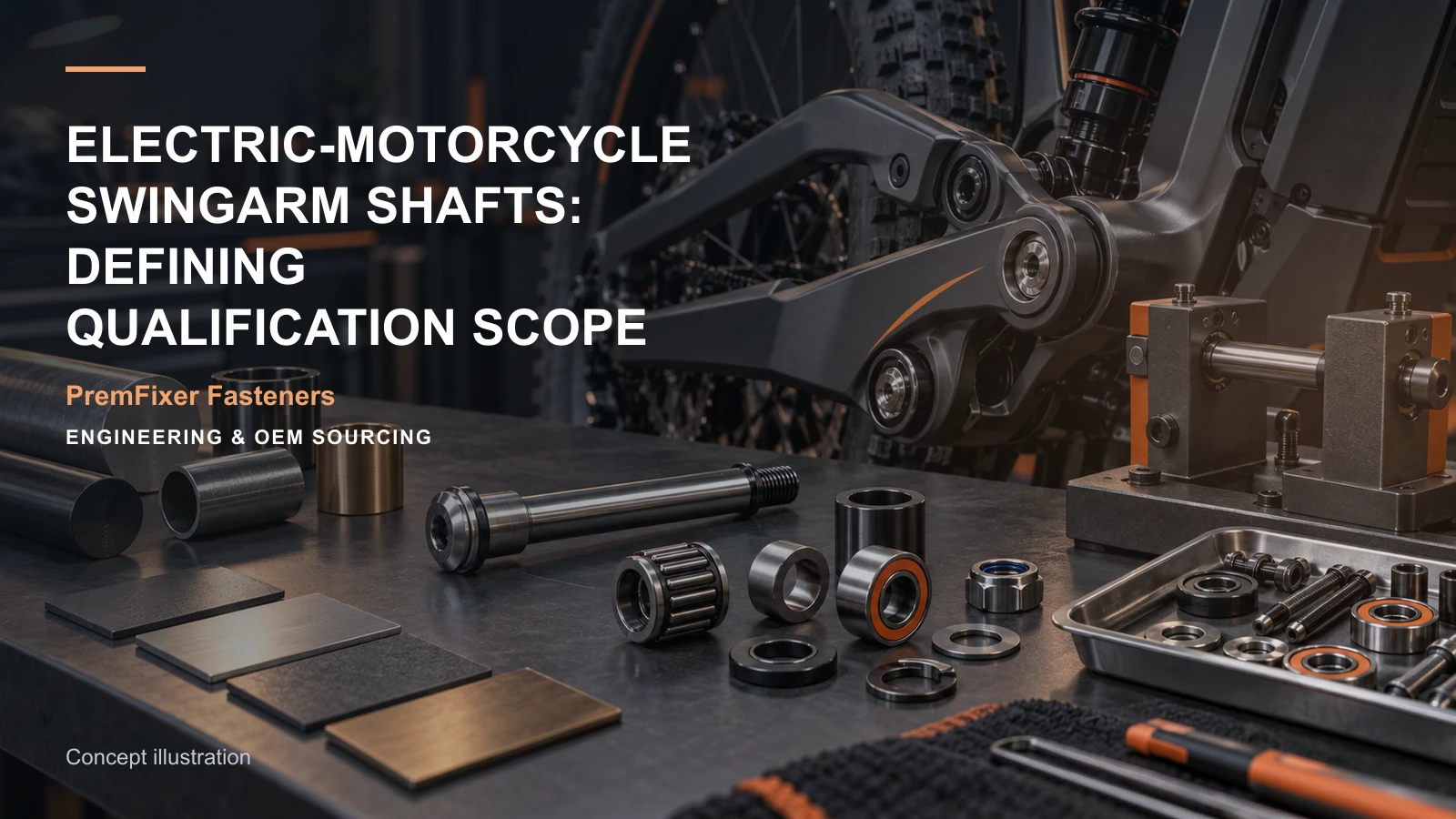 Concept illustration for Electric-Motorcycle Swingarm Shafts: Defining Qualification Scope.