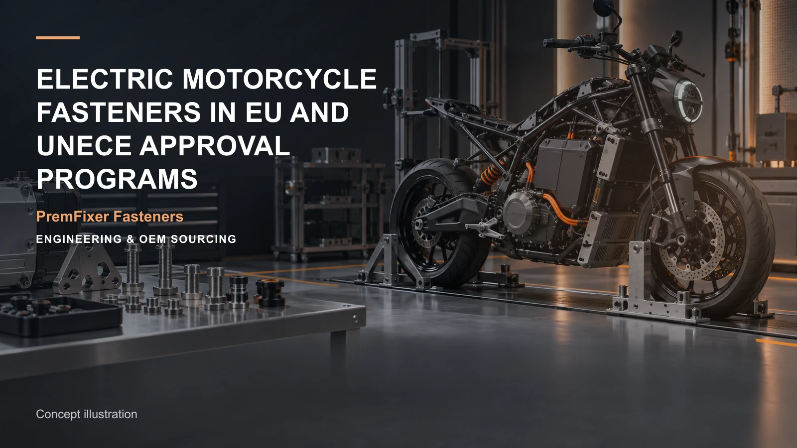 Concept illustration for Electric Motorcycle Fasteners in EU and UNECE Approval Programs.