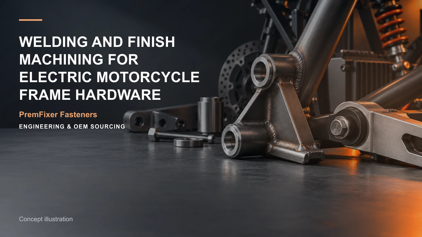 Concept illustration for Welding and Finish Machining for Electric Motorcycle Frame Hardware.