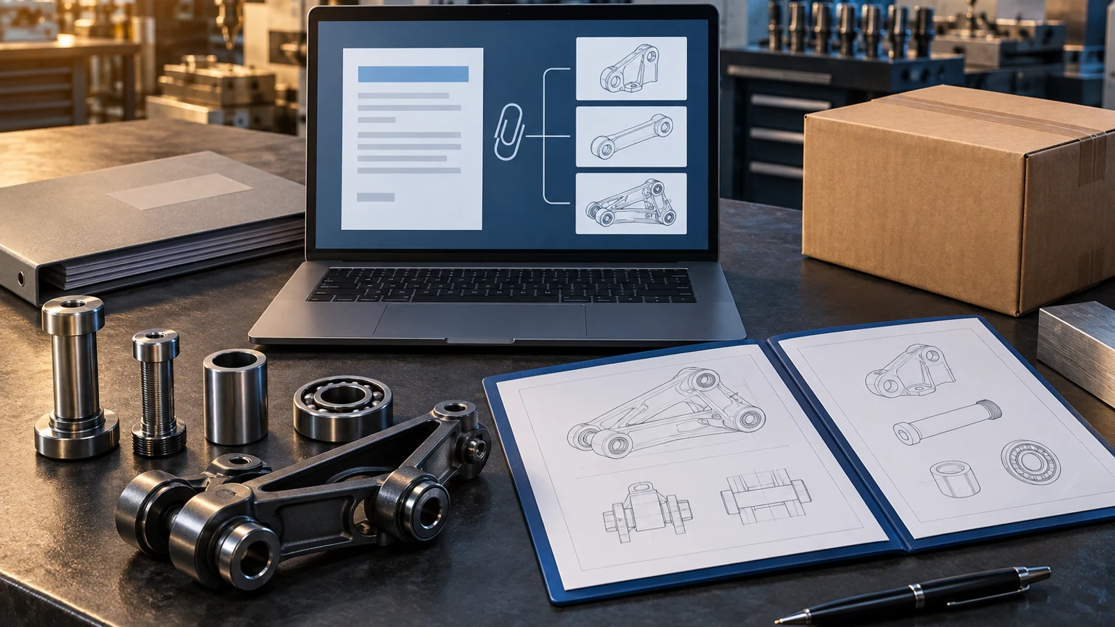 Concept electronic agreement scene with pivot components and separate technical attachment sets; no real signature, contract or legal approval represented