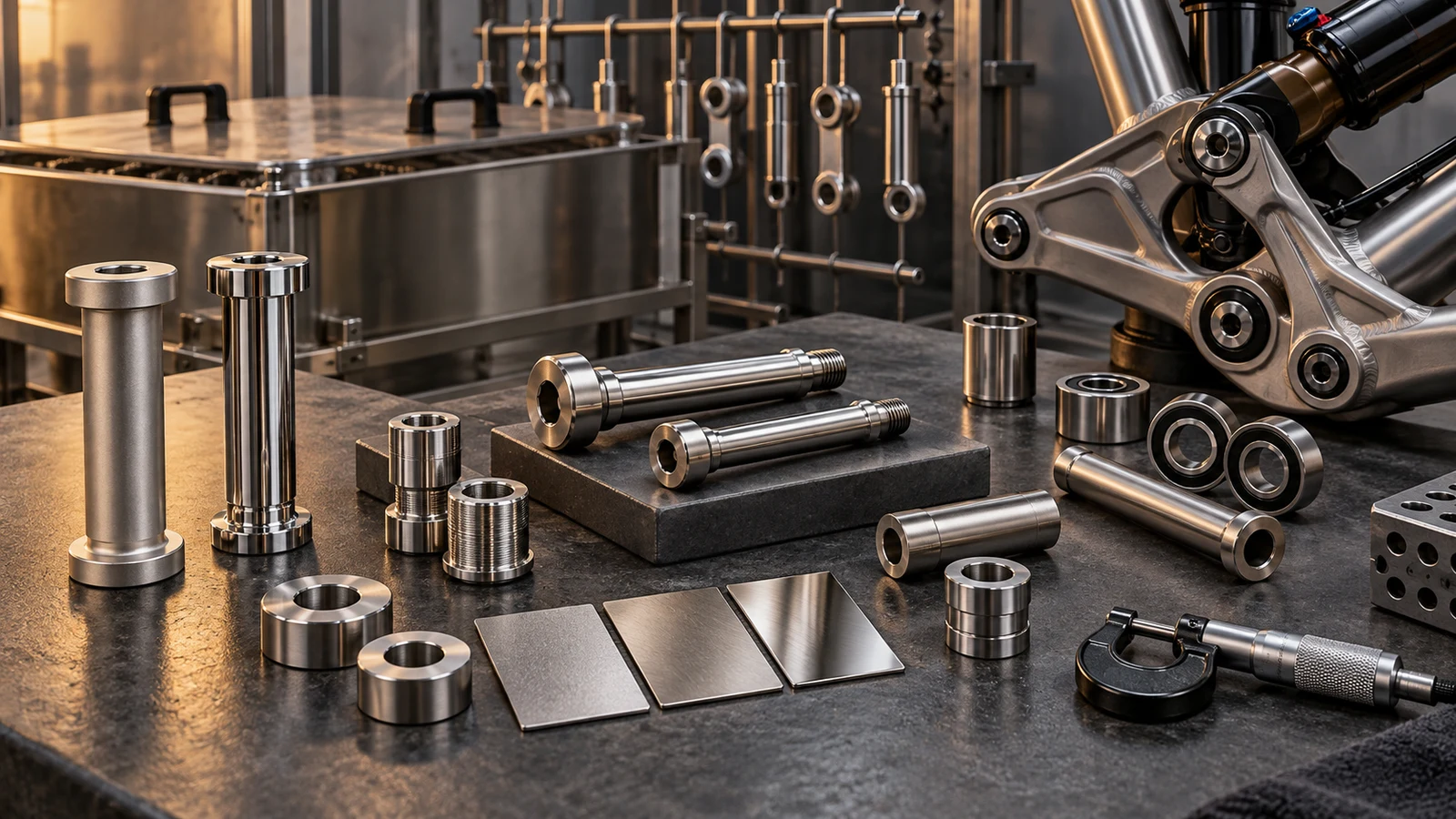Concept stainless pivot bolts, receiver axles, surface-reference tiles and a finishing rack with suspension linkage context; not factory photography or measured before-and-after performance