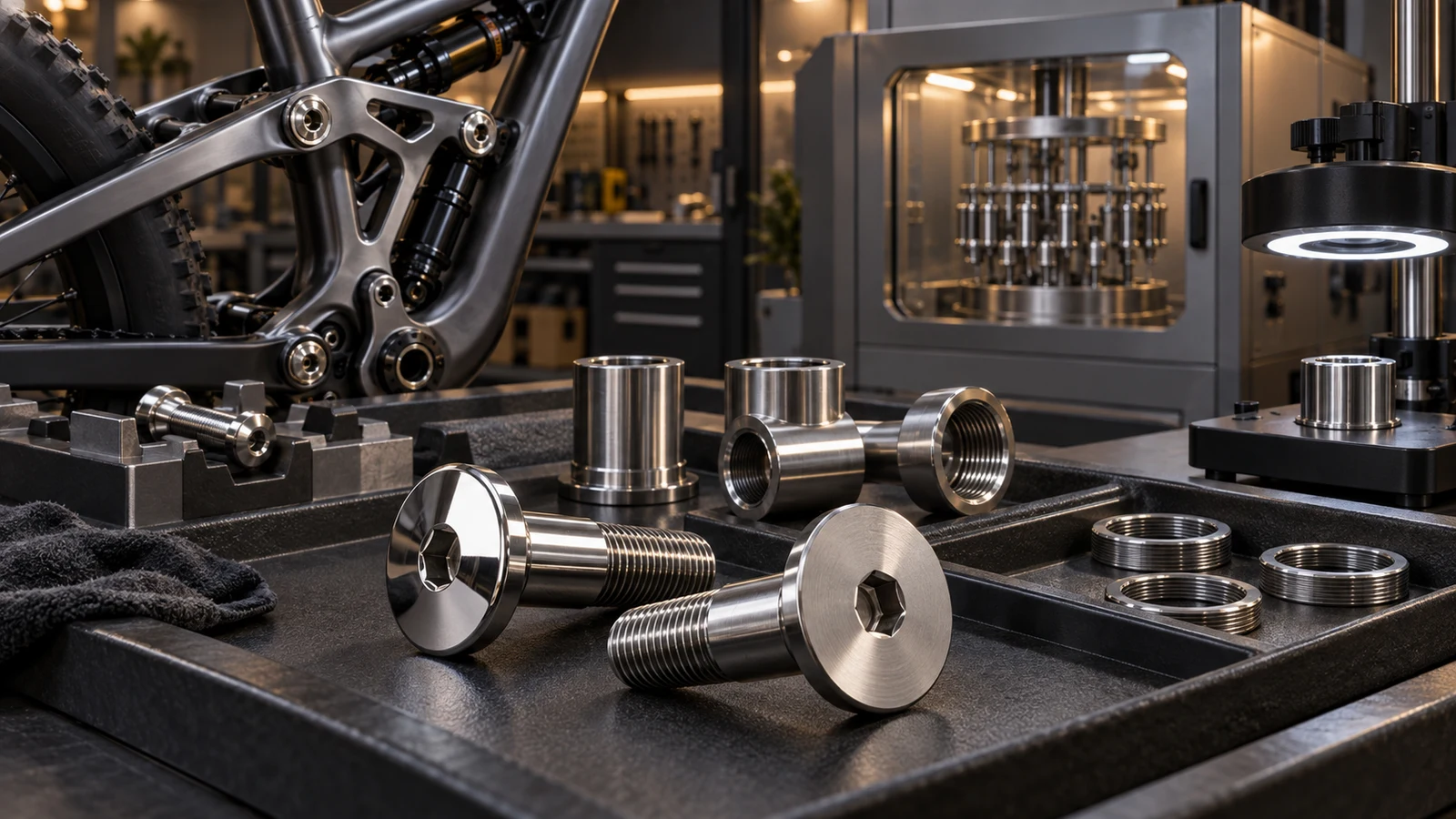 Concept illustration of stainless shoulder bolts, threaded receivers, inspection fixtures and finishing context; not actual dimensional test evidence.