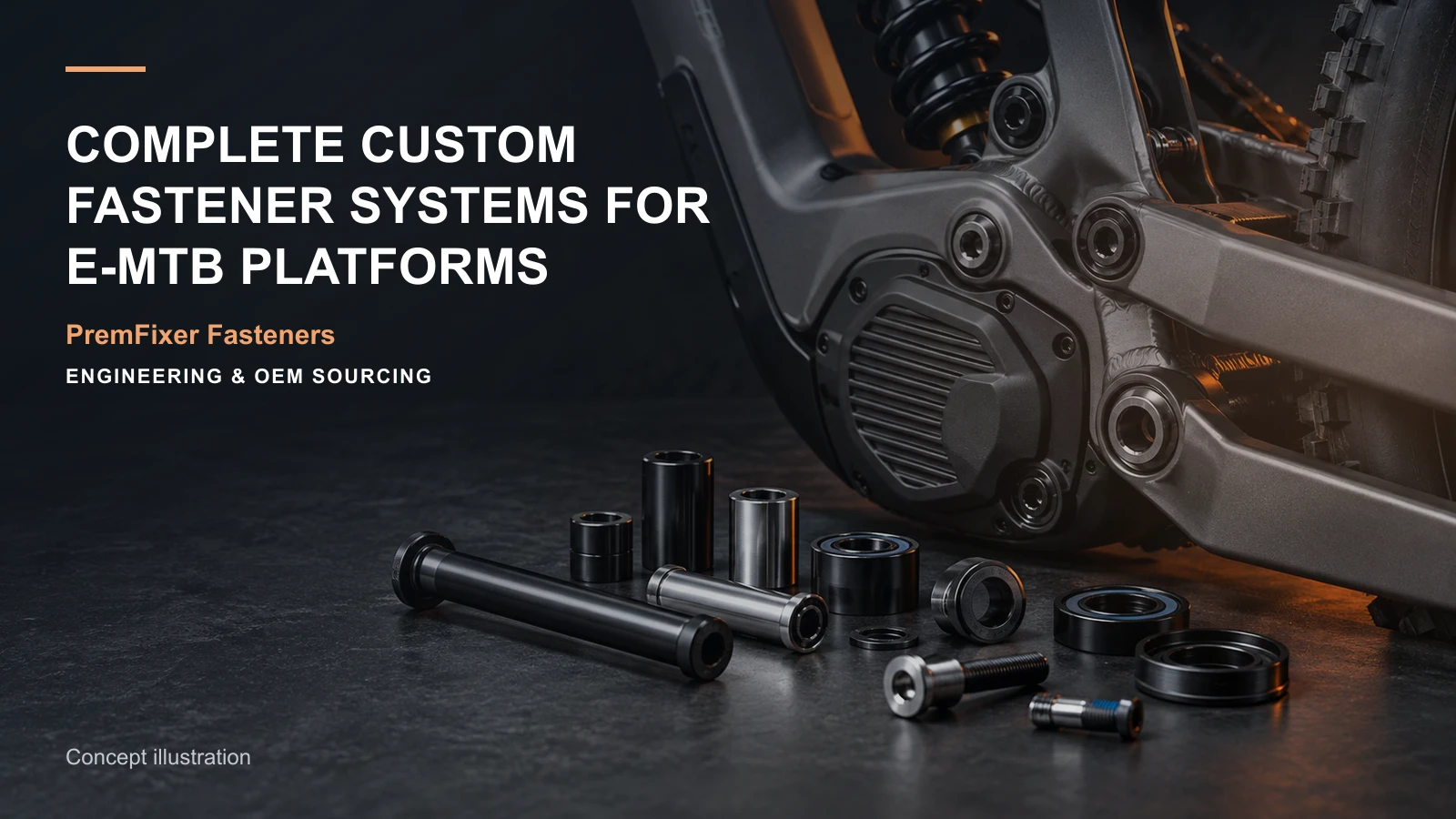 Concept illustration connecting eMTB platform, pivot hardware and retention bolt in a bicycle hardware project.