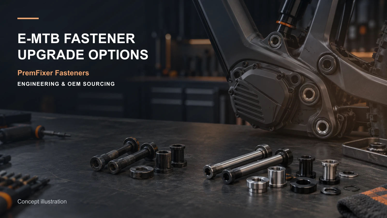 e-MTB suspension linkage with original and upgraded precision fastener concepts arranged for engineering comparison.