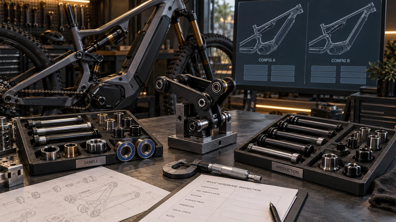 Concept e-MTB frame, linkage fixture, sample and production-labelled hardware trays, micrometer and unfilled review sheet beside two outline configurations; not actual validated assemblies or inspection records.