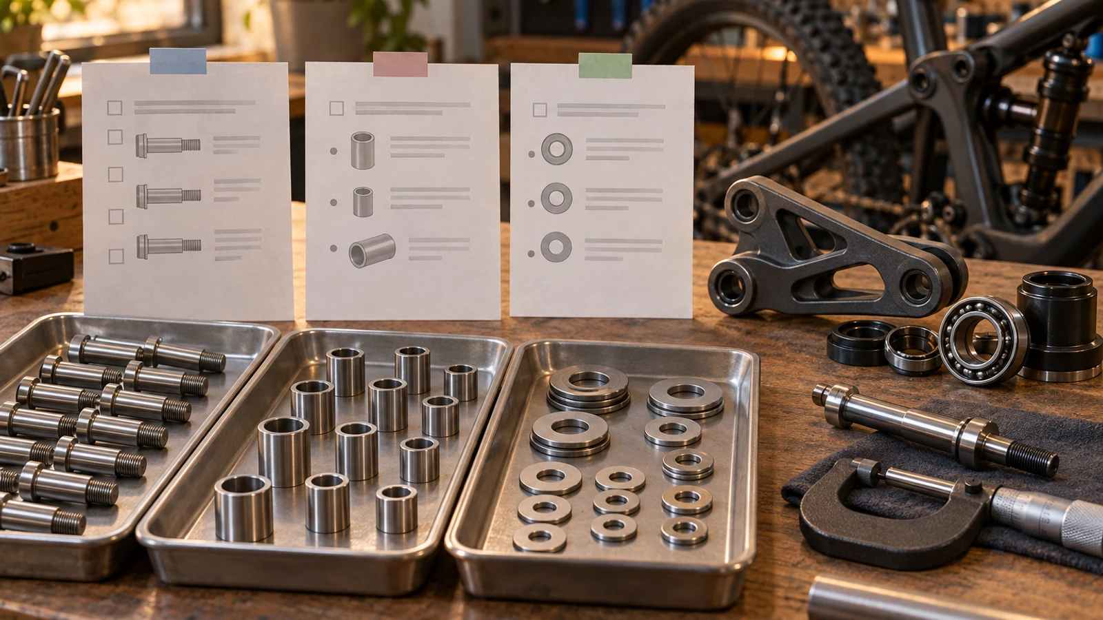 Concept pivot components beside three unbranded document sheets, not genuine EN 10204 certificates, signatures or an actual inspection event.